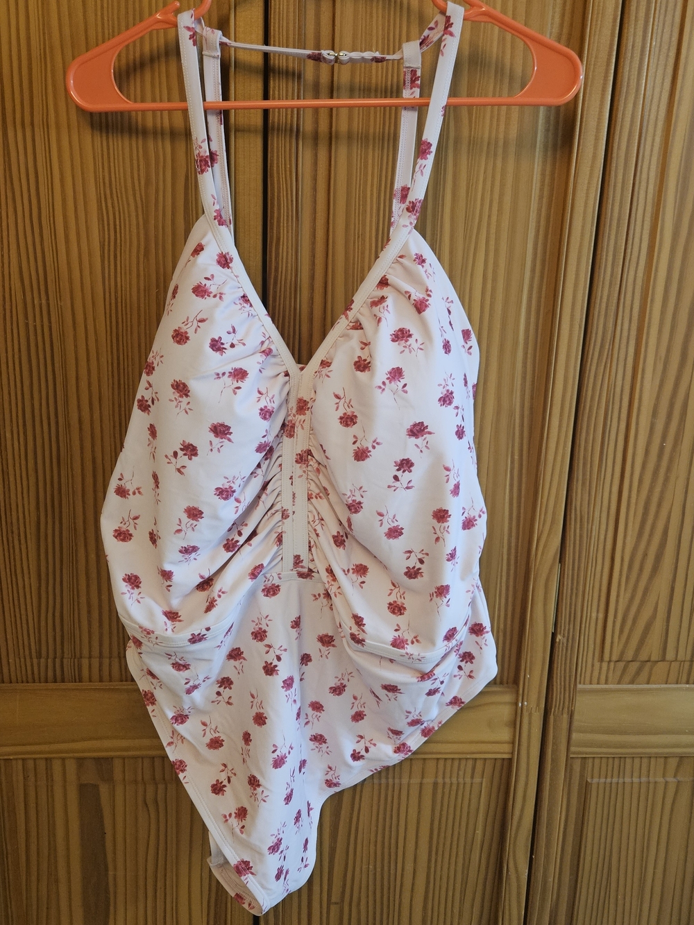 Source Unknown White One-Piece Swimsuit with Rose Pink Floral Print